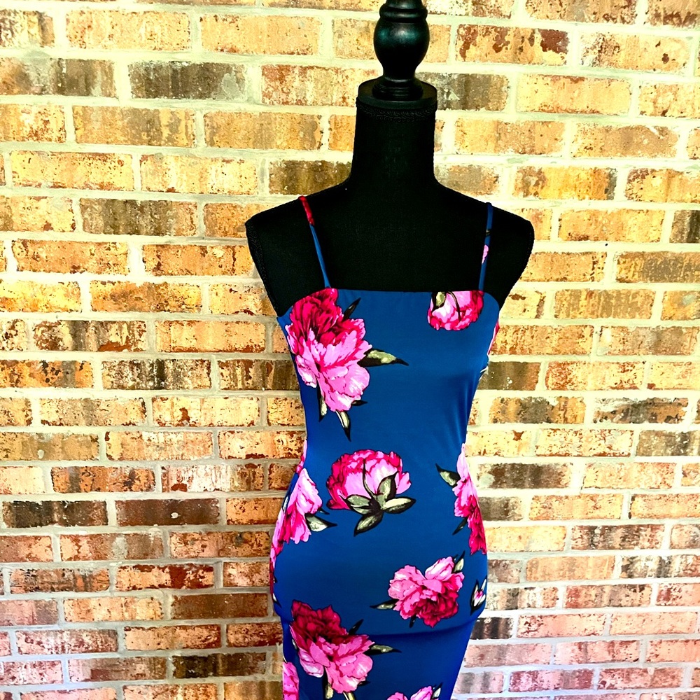 Royal blue floral spaghetti strap mini dress